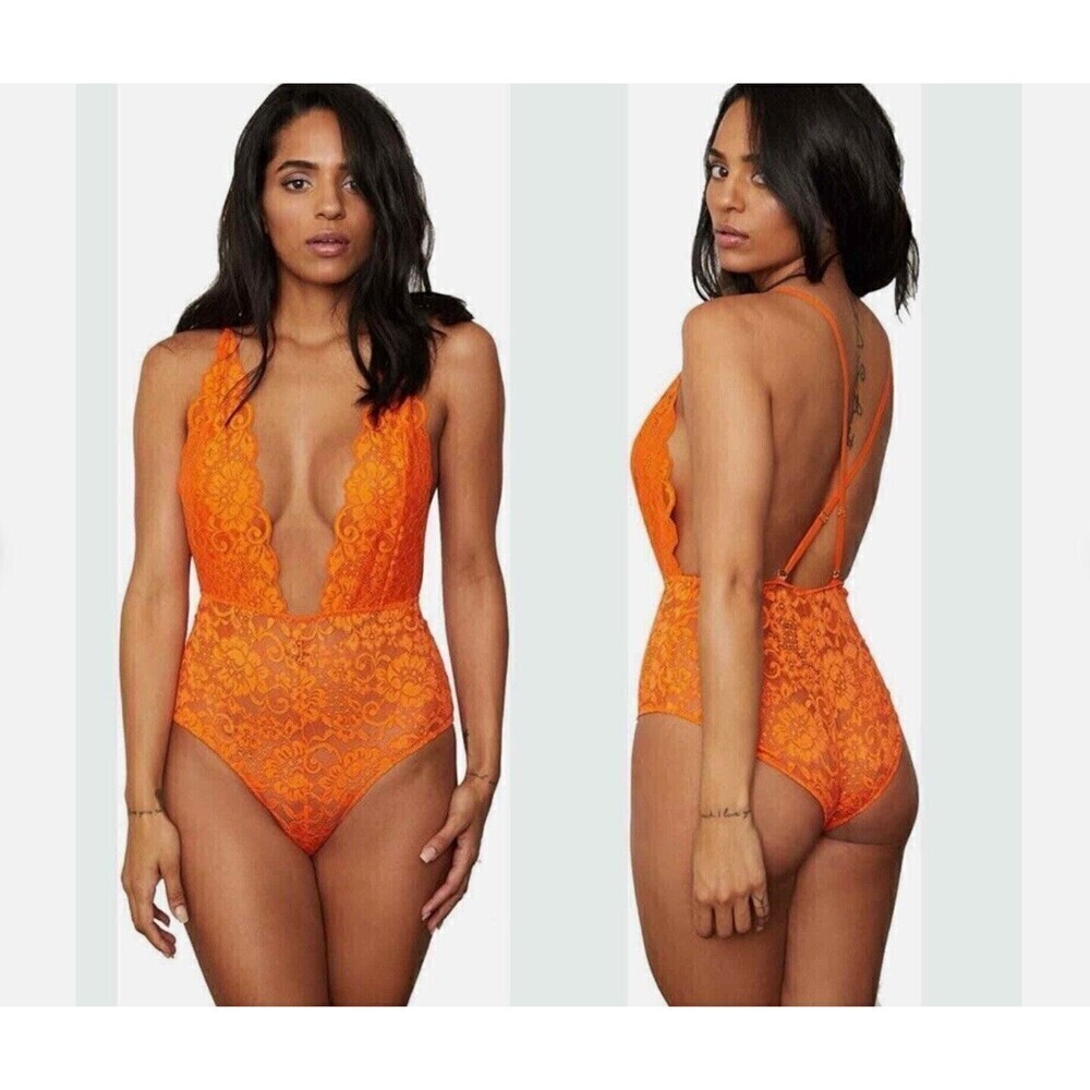 Free People We Are HAH Comin In HAHt Lace Bodysuit Size S Burnt Orange Lace New